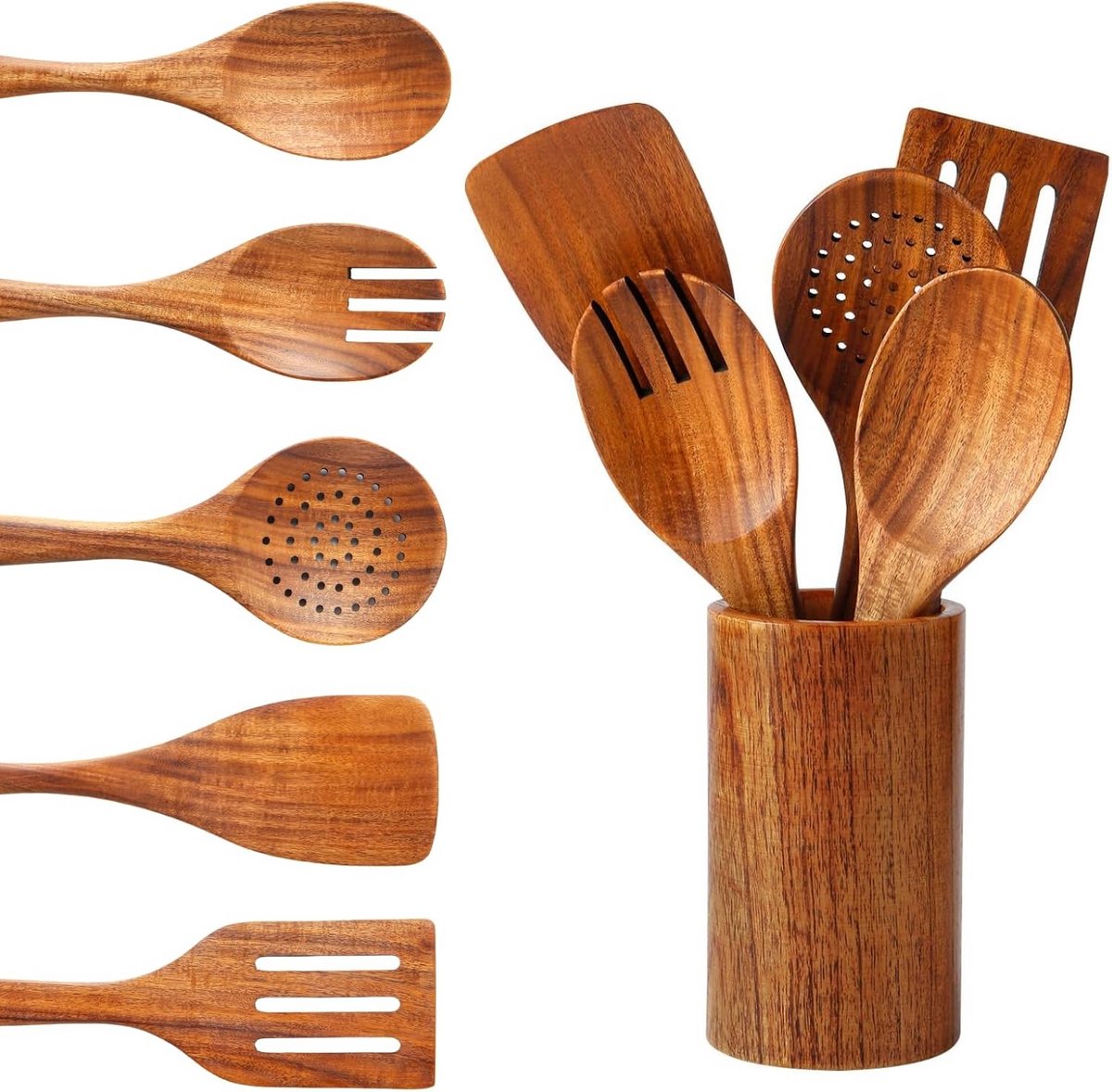 Set van 6 Houten Kooklepels met Houder - Antiaanbak Keukengerei Set