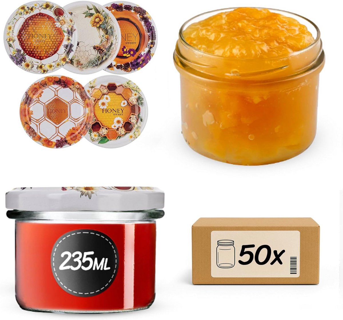 Set van 50 Weckpotten 235 ml met Schroefdeksel voor Jam, Honing en Bewaren