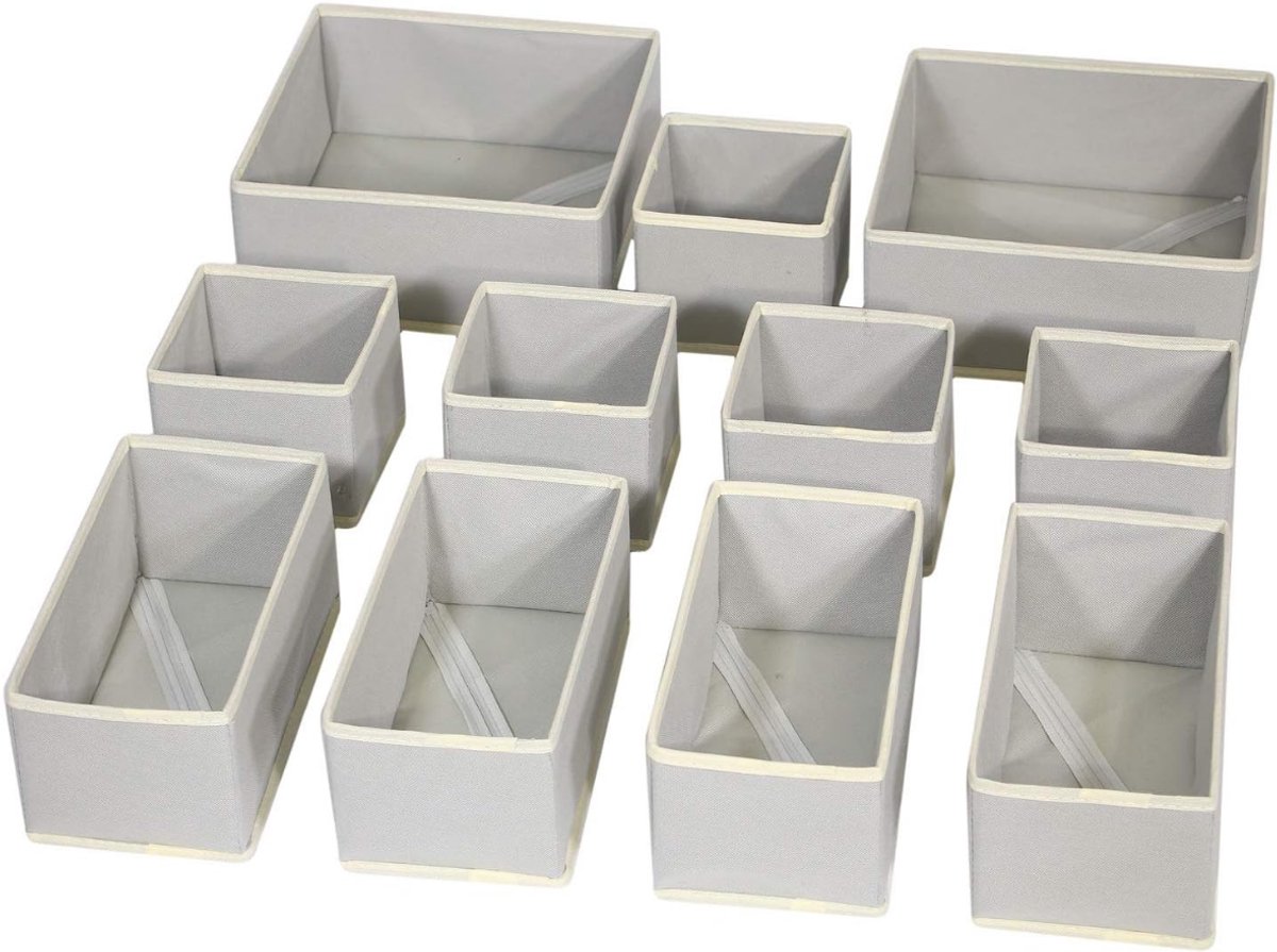 JustValue Opvouwbare Opbergdozen Set - 11-delig - Stoffen Organizer - Bakken - Manden - Ladeverdeler - Kleding - Sokken - Lingerie – Grijs
