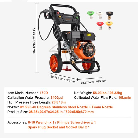 Benzine Hogedrukreiniger, 3400PSI, 2,6 Gpm, 10 L/Min, met 5-Delige Sproeierset, De Benzine Hogedrukreiniger Levert 3400 PSI En Een Debiet van 10 L/Min van Merkloos	 — afbeelding 3