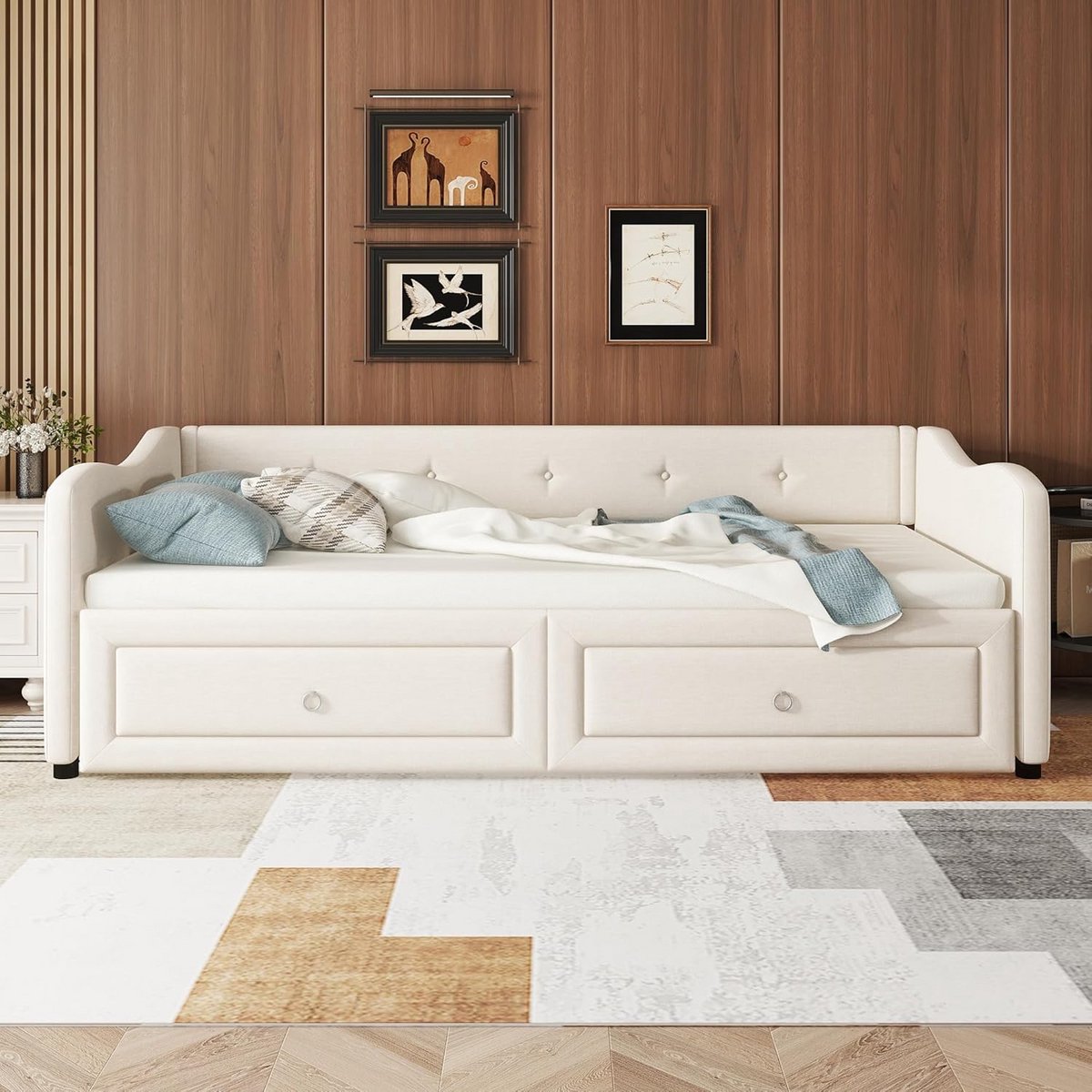 Uittrekbaar Dagbed 90x200 cm met 2 Opberglades | Comfortabele Slaapbank Beige
