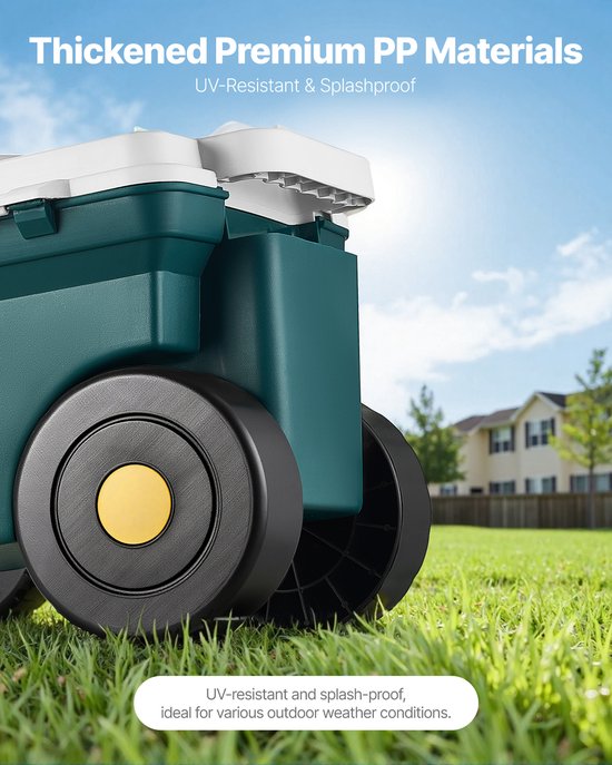 Tuinscooter met zitje, 2-in-1 rolwagen met opbergvak, draagvermogen tot 103 kg, buitenwagen met handvat, lichtgewicht tuinkrukje voor tuinklusjes zoals onkruid wieden en planten — afbeelding 5