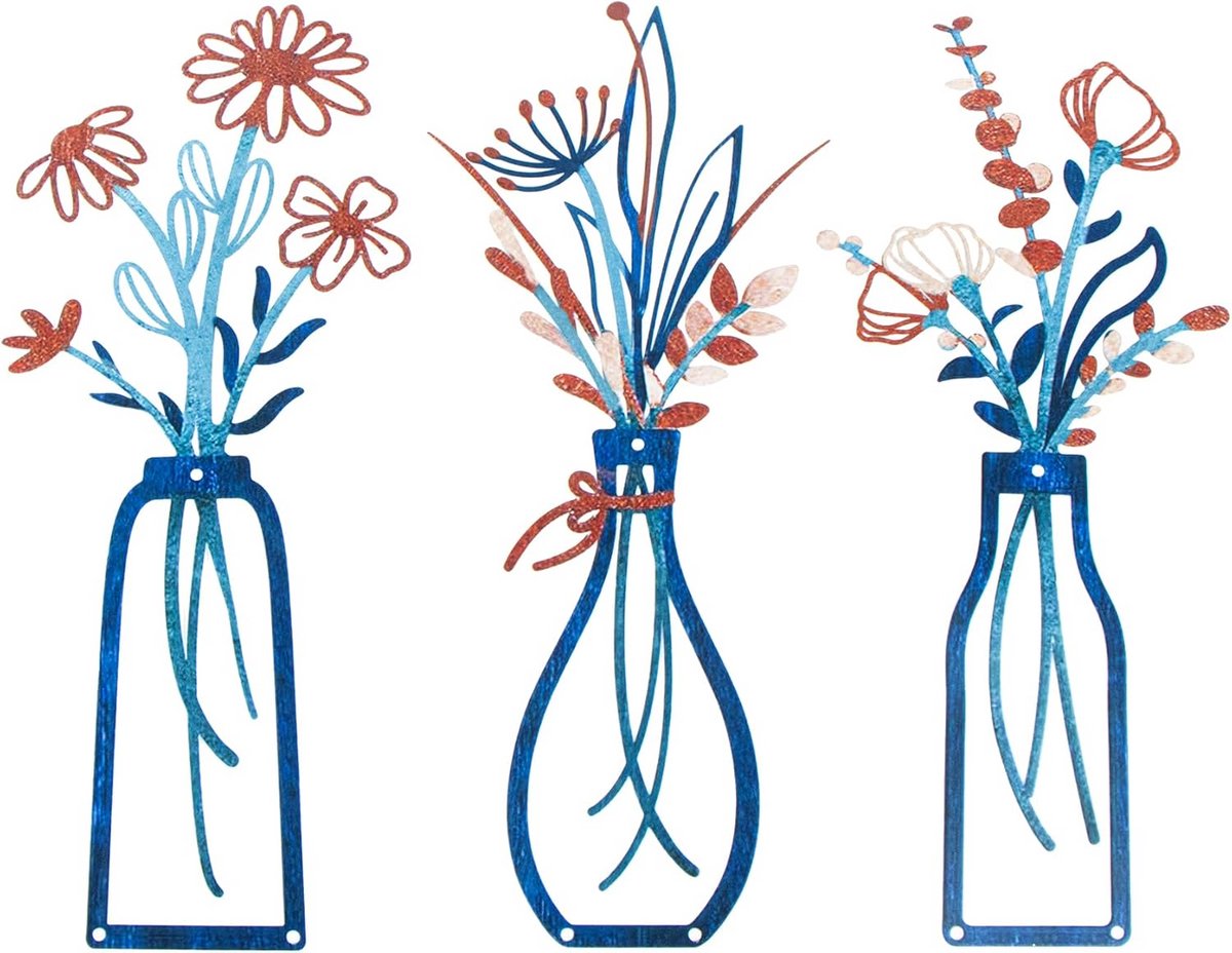 Set van 3 Metalen Wanddecoratie Bloemen en Vazen - Kleurrijke Wanddecoratie voor Woonkamer en Slaapkamer