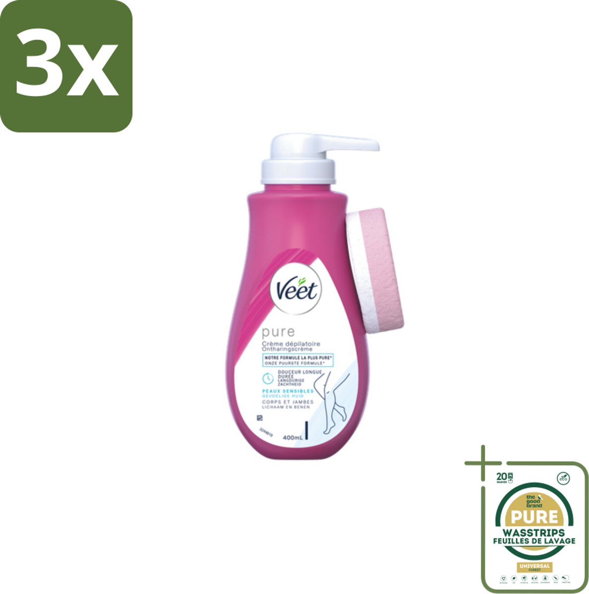 3 x Veet Ontharingscrème Pure Gevoelige Huid 400 ml - Grootverpakking - Ontharing - Haarentfernung - Gevoelige Huid - Ontharingscrème - Haarentfernung Crème