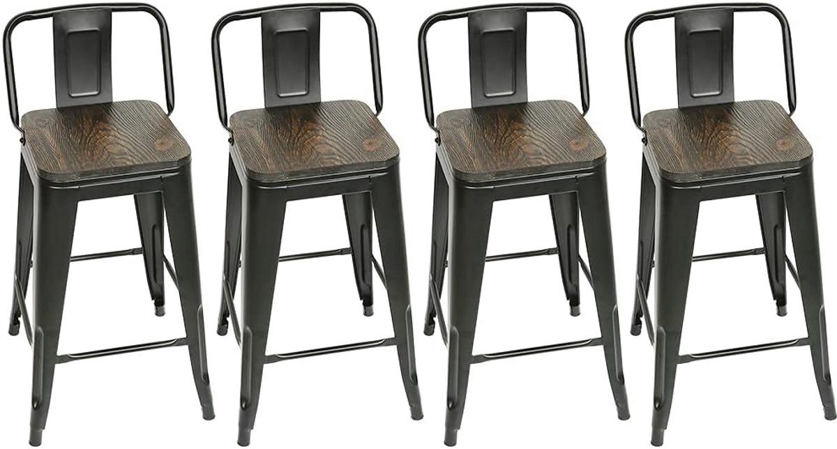 Set van 4 Houten Barkrukken Metaal Hoog 84 cm met Rugleuning voor Keuken en Bistro