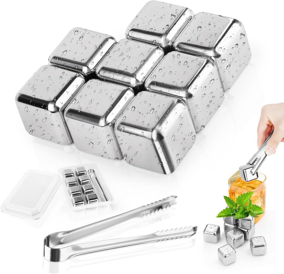 Herbruikbare RVS IJsblokjes Set met Tang voor Perfect Gekoelde Dranken