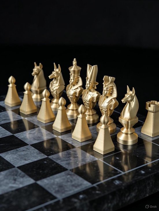 Jeu d'échecs égyptien doré sur un échiquier, avec des pyramides, des bustes de pharaons et une tête d'Anubis.