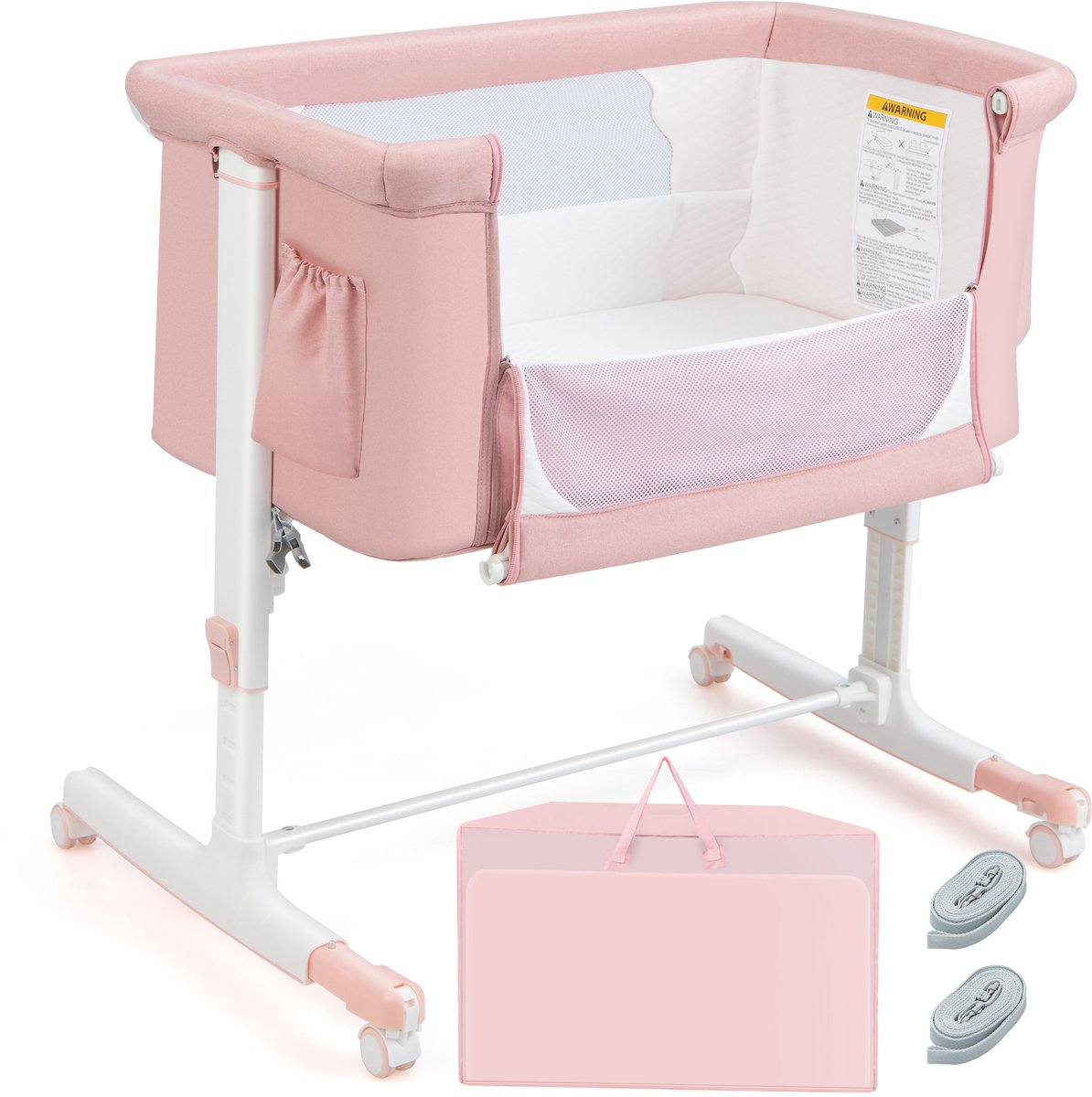 COSTWAY 3-in-1 bijzetbed & babywieg & reisbed, 5-traps in hoogte verstelbaar babybed, kantelbaar, kinderbed incl. matras, draagtas, wieg voor baby's tot 9 kg belastbaar (roze)