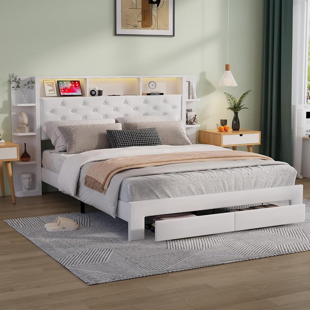 Tweepersoonsbed 140x200 met 2 Schuifladen, Opbergruimte en USB-Poort | Gevoerd Nachtkastje