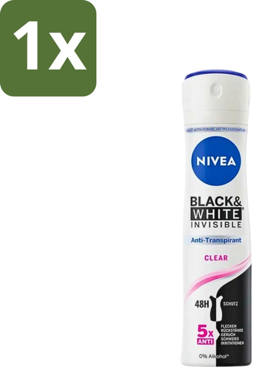 1 x Nivea - Deodorant - Spray - Black & White Invisible Clear - Anti-Transpirant - 150 ml - Anti-transpirant - Zweetbescherming - Kledingbescherming - Vlekkenvoorkomend - 48 Uur Bescherming