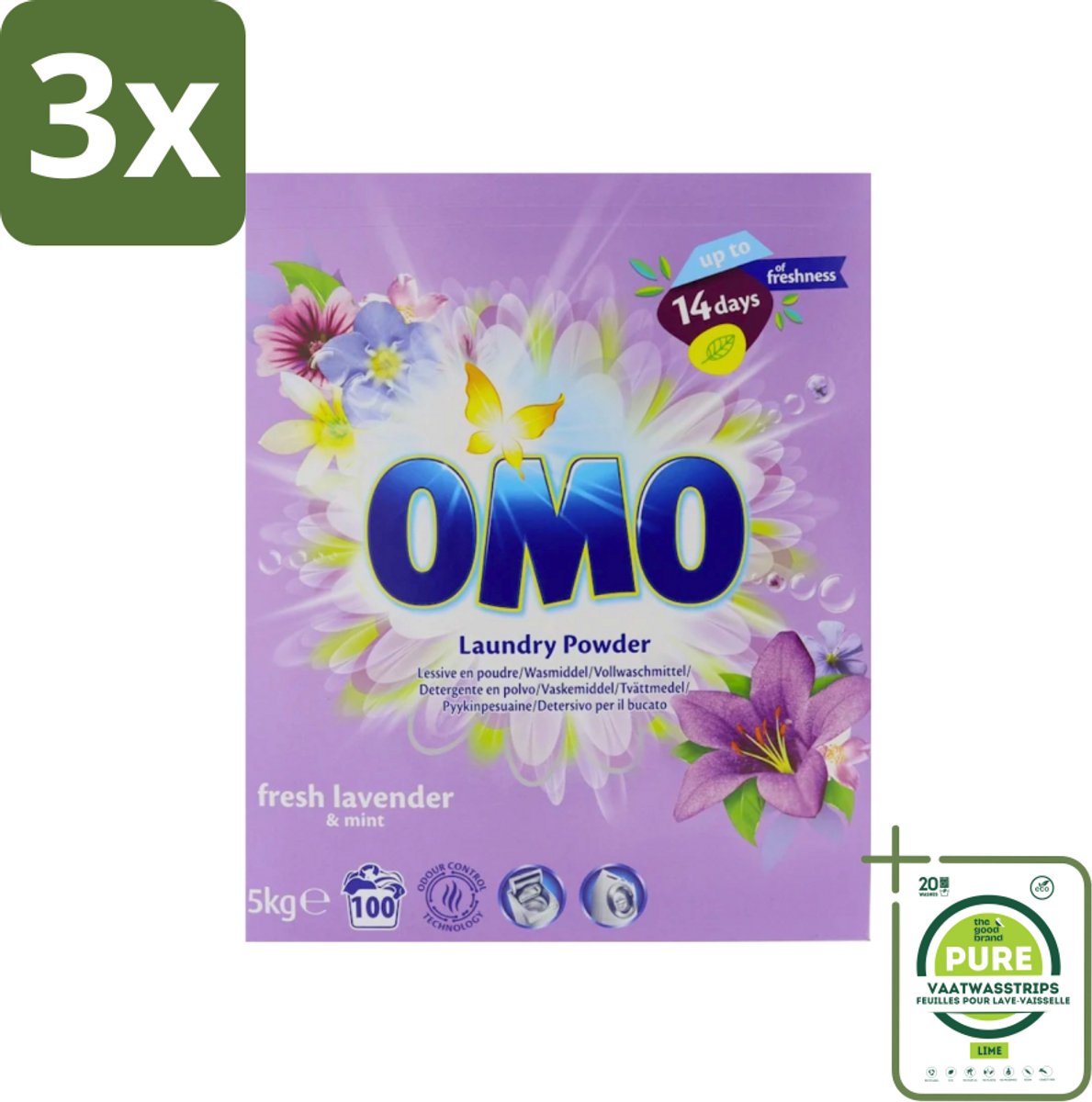 3 x Omo - Waspoeder - Lavendel & Mint - 5 kg - 100 Wasbeurten - Grootverpakking - Waspoeder - Lavendel - Mint - Wasmiddel - Reinigingskracht