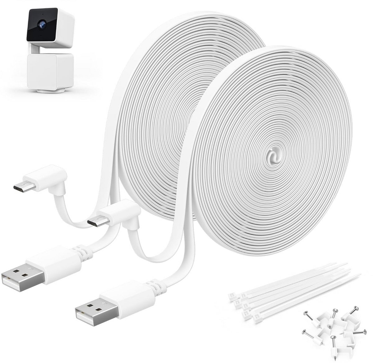 2-Pack 6M Platte Micro USB Verlengkabel Wit met 90 Graden L-vormige Stekker voor Buiten Beveiligingscamera