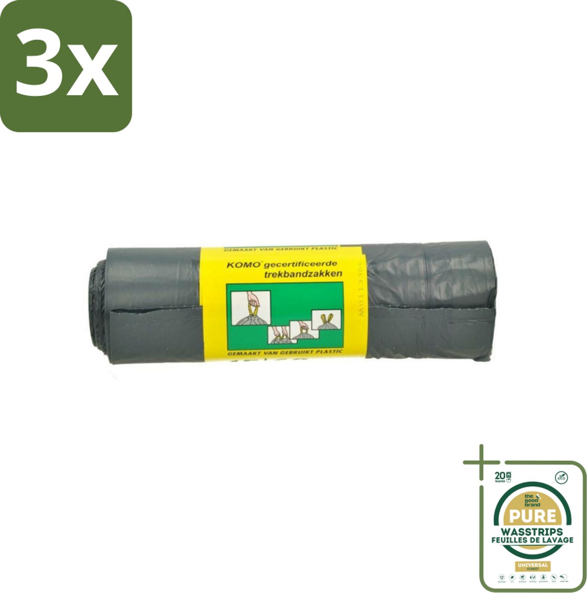 3 x Komo Vuilniszakken Trekband 60L 15 stuks per verpakking - Grootverpakking - Afvalzak 60 L - Trekband Afvalzak - Vuilniszak 60 L - Vuilniszak Trekband - Vuilniszak Grijs