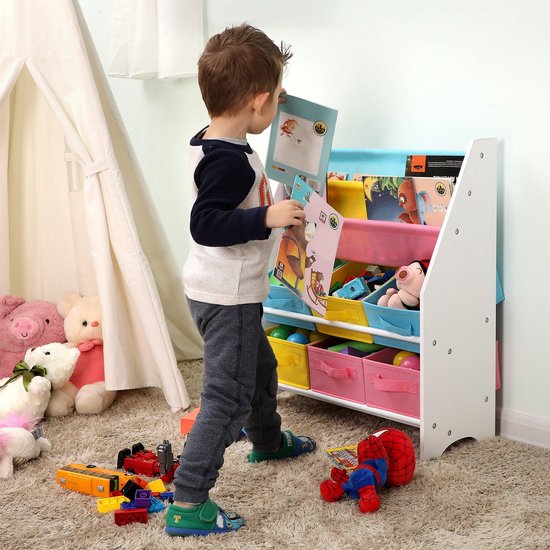HOCSOK Kinderrek met 8 boxen op wieltjes, kinderrek met boekenkast, speelgoedrek voor kinderkamer voor slaapkamer, kleuterschool, wit, 158 x 80 x 29,7 cm