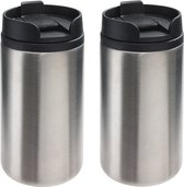 2x Thermosbekers/warmhoudbekers metallic zilver 290 ml - Thermo koffie/thee isoleerbekers dubbelwandig met schroefdop
