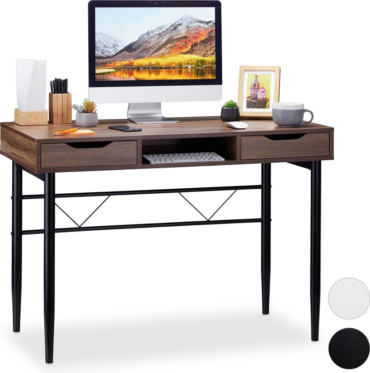 Relaxdays bureau met lades computertafel bureautafel 77 x 110 x 55 cm modern Hout zwart