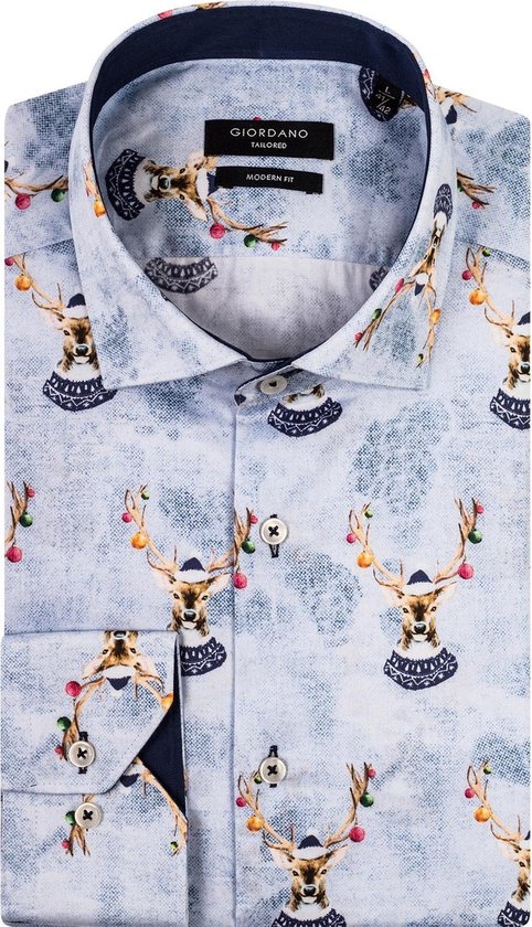 Giordano Overhemd Wit Blauw Herten Kerst Print Modern Fit - L | bol