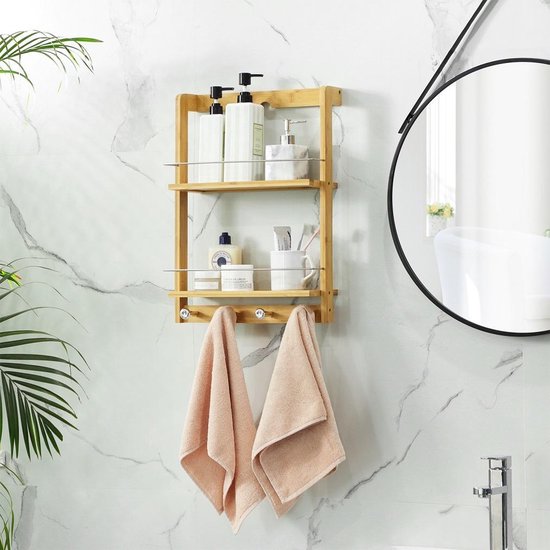gemak bijvoeglijk naamwoord landheer Decopatent® Hangend badkamerrek van bamboe hout - 2 legplanken en 4  handdoekhaakjes -... | bol.com