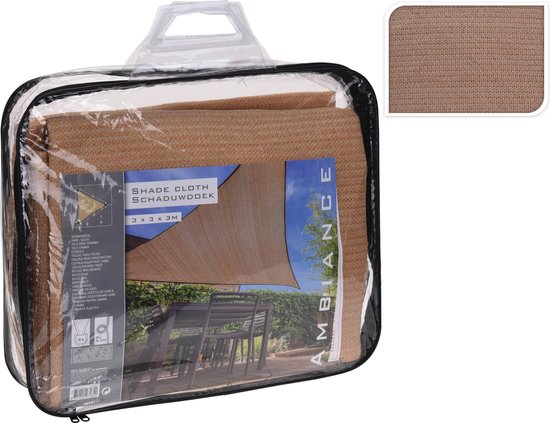 Verpakking van een Pro Garden zandkleurig, driehoekig schaduwdoek van 3x3x3m