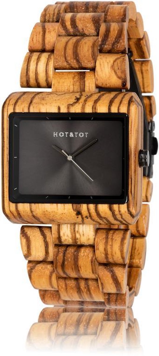 HOTTOT | Dusk - Houten horloge voor heren - 40mm - Vierkant - Zebrano hout - Grijs - Zwart - Bruin