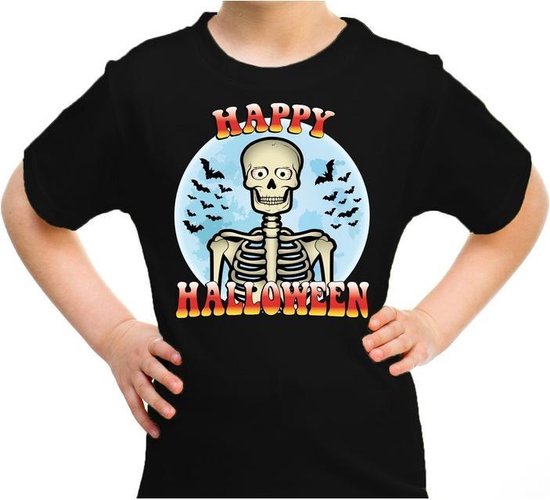 Halloween Happy Halloween skelet verkleed t-shirt zwart voor kinderen - horror skelet shirt / kleding / kostuum 134/140