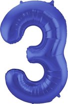 Folat - Folieballon Cijfer 3 Blauw Metallic Mat - 86 cm