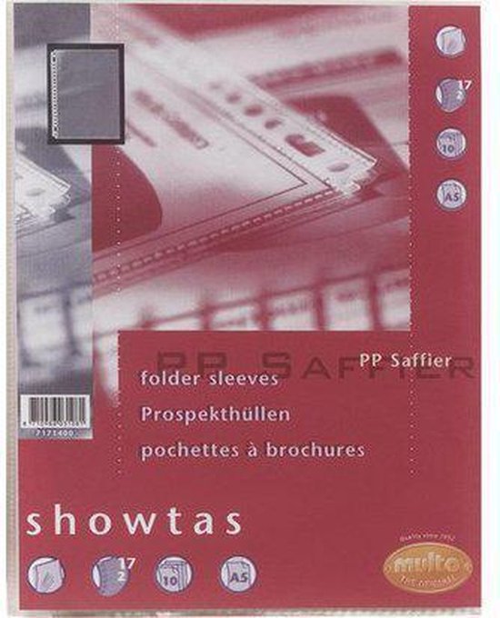 Showtas PP Saffier, met tekst in het Nederlands, Engels en Frans. Op de verpakking staat Multo.
