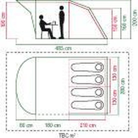 Technische tekening van een 4-persoons tunneltent met afmetingen in cm.