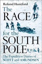 Boekcover met de titel 'The Race for the South Pole'. Op de cover staan silhouetten van poolreizigers en een slee op een ijzige ondergrond.