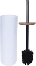 Witte toiletborstel houder met bamboe 26 cm - Badkamer/toiletaccessoires - Wc-borstel houders
