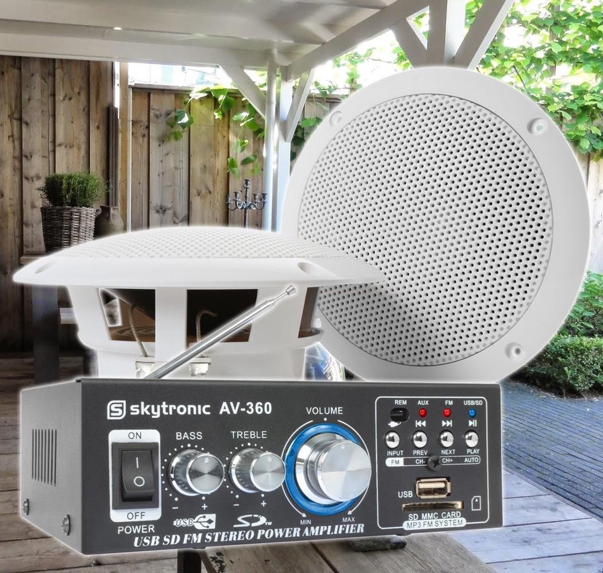 Weerbestendige 5 speakerset + versterker en kabel voor muziek op terras of veranda