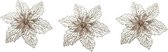 3x Kerstboomversiering op clip champagne glitter bloem 17 cm - Champagne kerstversieringen