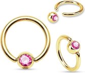 Rook piercing ring gold plated roze steentje