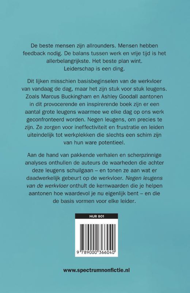 Achterkant van het boek "Negen leugens van de werkvloer" met tekst en ISBN-barcode.