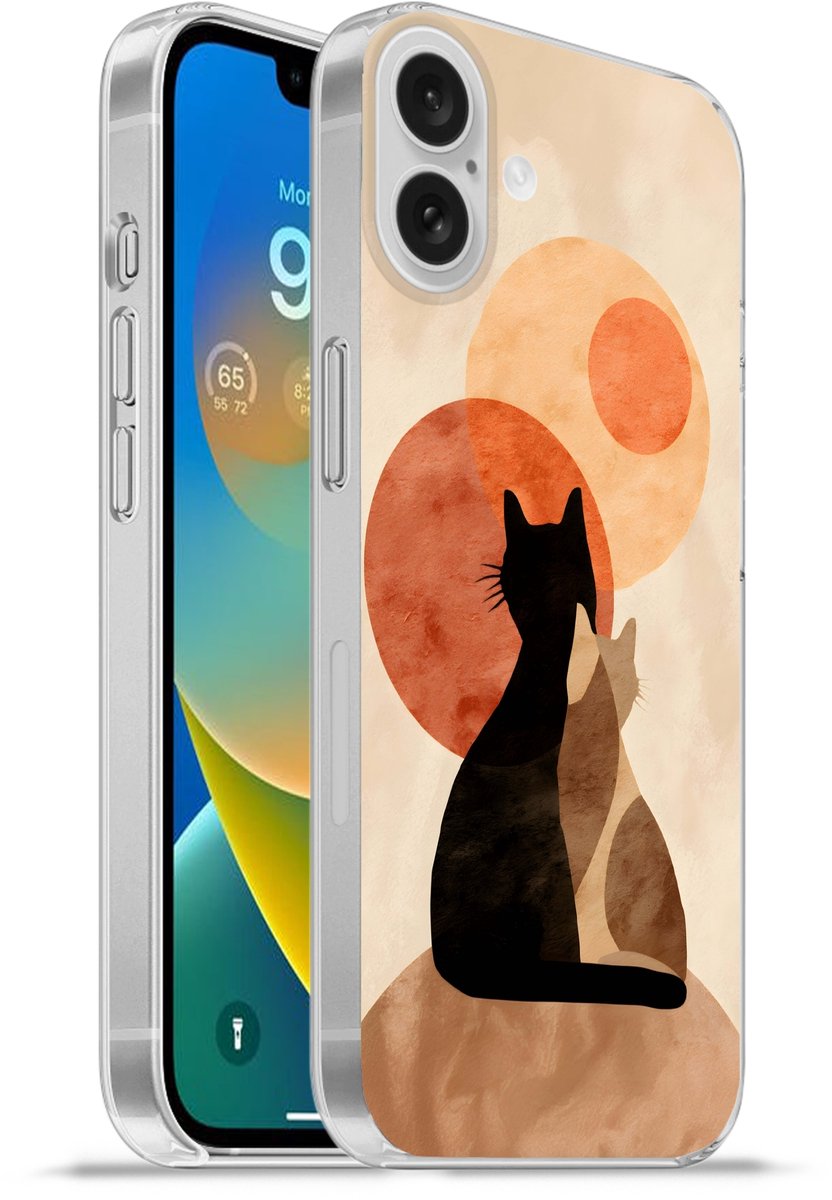 Telefoonhoesje Geschikt voor Apple Iphone 16 Plus hoesje - Katten - Zwart - Abstract - Cirkels - Siliconen Telefoonhoesje Telefoonhoesje