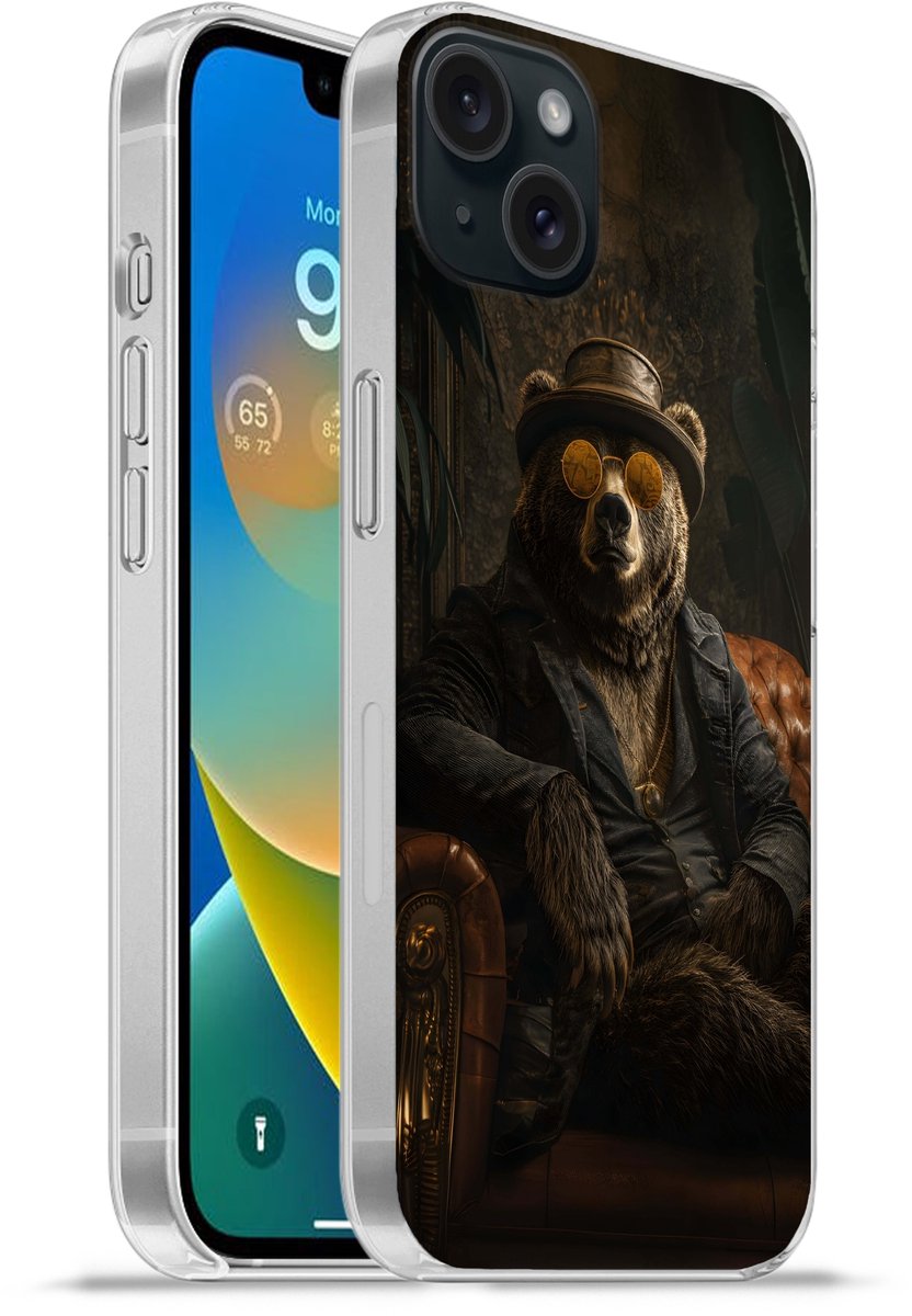 Telefoonhoesje Geschikt voor iPhone 15 Plus hoesje - Beer - Bruin - Pak - Hoed - Siliconen Telefoonhoesje Telefoonhoesje