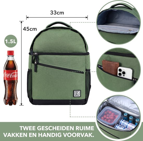 Brisby 4 Laags Geïsoleerde Koeltas Rugzak - 25 Liter - Met handige vakken voor Bestek en Essentials - Waterafstotend Materiaal - GROEN van Brisby — afbeelding 2