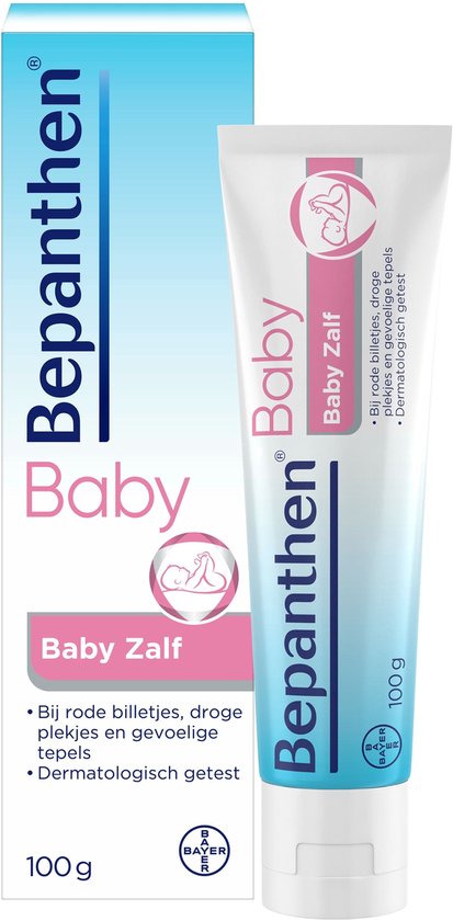 Bepanthen Baby Zalf tube en doos met blauwe en roze accenten.