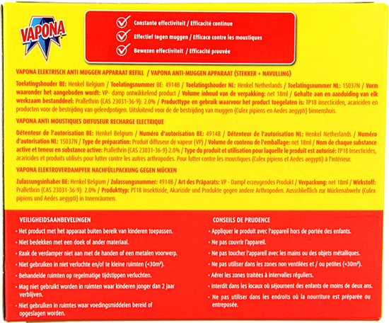 Gele verpakking met waarschuwingen, productinformatie en adviezen.
