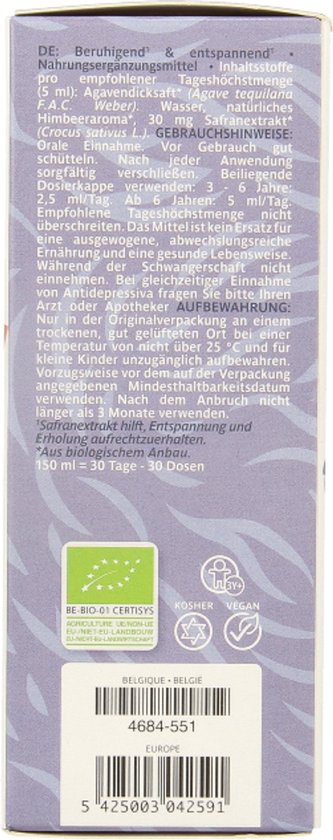 Zijkant van de doos met keurmerken (BIO, Kosher, Vegan) en informatie in het Duits.