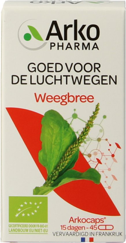 Doosje Arko Pharma Weegbree, met afbeelding van een smalle weegbreeplant en organisch EU-landbouw logo.