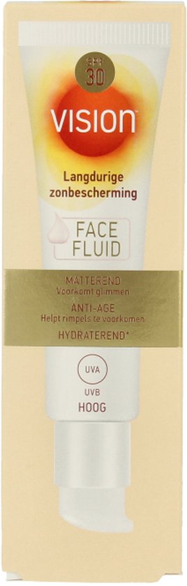 Vision Face Fluid SPF 30 zonnebrandcrème in tube met pompdispenser. Matteert en hydrateert.