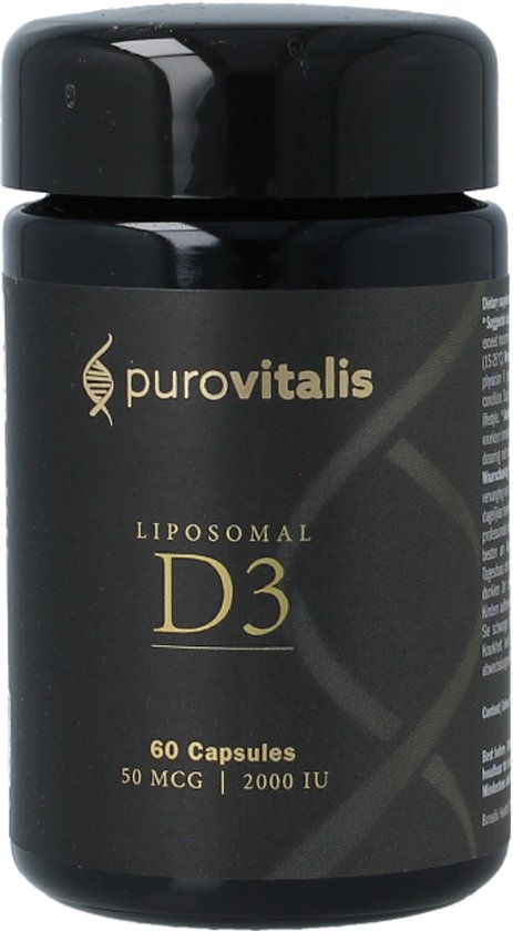 Zwarte pot met gouden tekst: Purovitalis Liposomal D3, 60 Capsules, 50 MCG | 2000 IU.