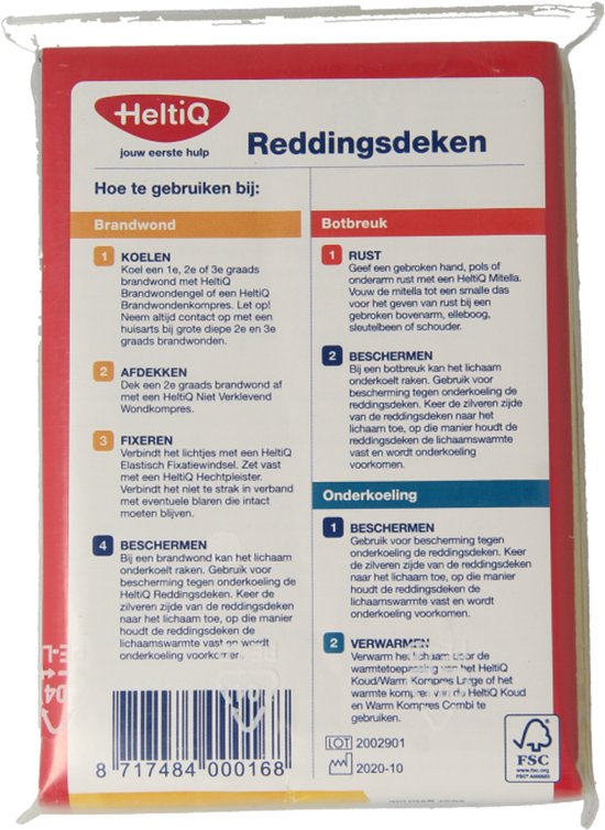 HeltiQ Reddingsdeken, instructies voor brandwond, botbreuk en onderkoeling. Lot 20022901, 2020-10.
