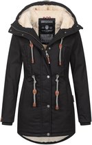 Navahoo Lange winterjas voor dames, warme gewatteerde jas met capuchon en geribde mouwen, Ciao Miau XIV, XS-3XL, dark olive, S