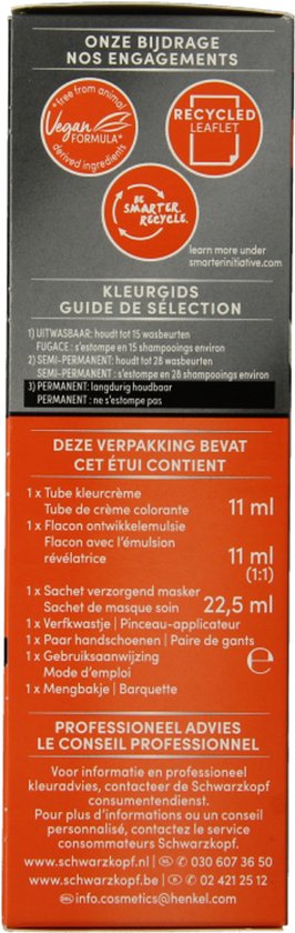 Details van de verpakking van Schwarzkopf, inclusief "onze bijdrage aan onze engagementen".