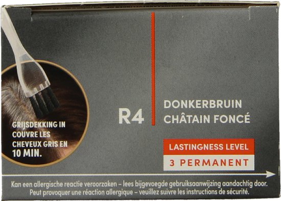 Zijkant van de verpakking van Schwarzkopf R4 donkerbruin, met "Lastingness Level 3 Permanent".