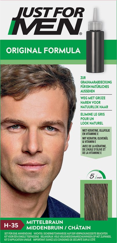 Just For Men Original Haarkleuring H35 Middenbruin - Haarverf voor Mannen - Professionele Grijsdekking in 5 Minuten - 100% Natuurlijke Uitstraling - Dekt tot 8 Weken - Vrij van Ammoniak