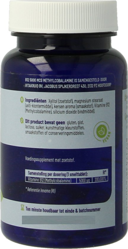 Blauwe pot met witte dop. Op het etiket staat 'B12 5000 mcg Methylcobalamine', vegan-logo en ingrediënten.