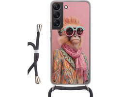 Telefoonhoesje Geschikt voor Samsung Galaxy S22 - Sjaal - Aap - Zonnebril - Jasje - Siliconen - Crossbody - Backcover met Koord - Telefoonhoesje met koord - Hoesje met touw Telefoonhoesje